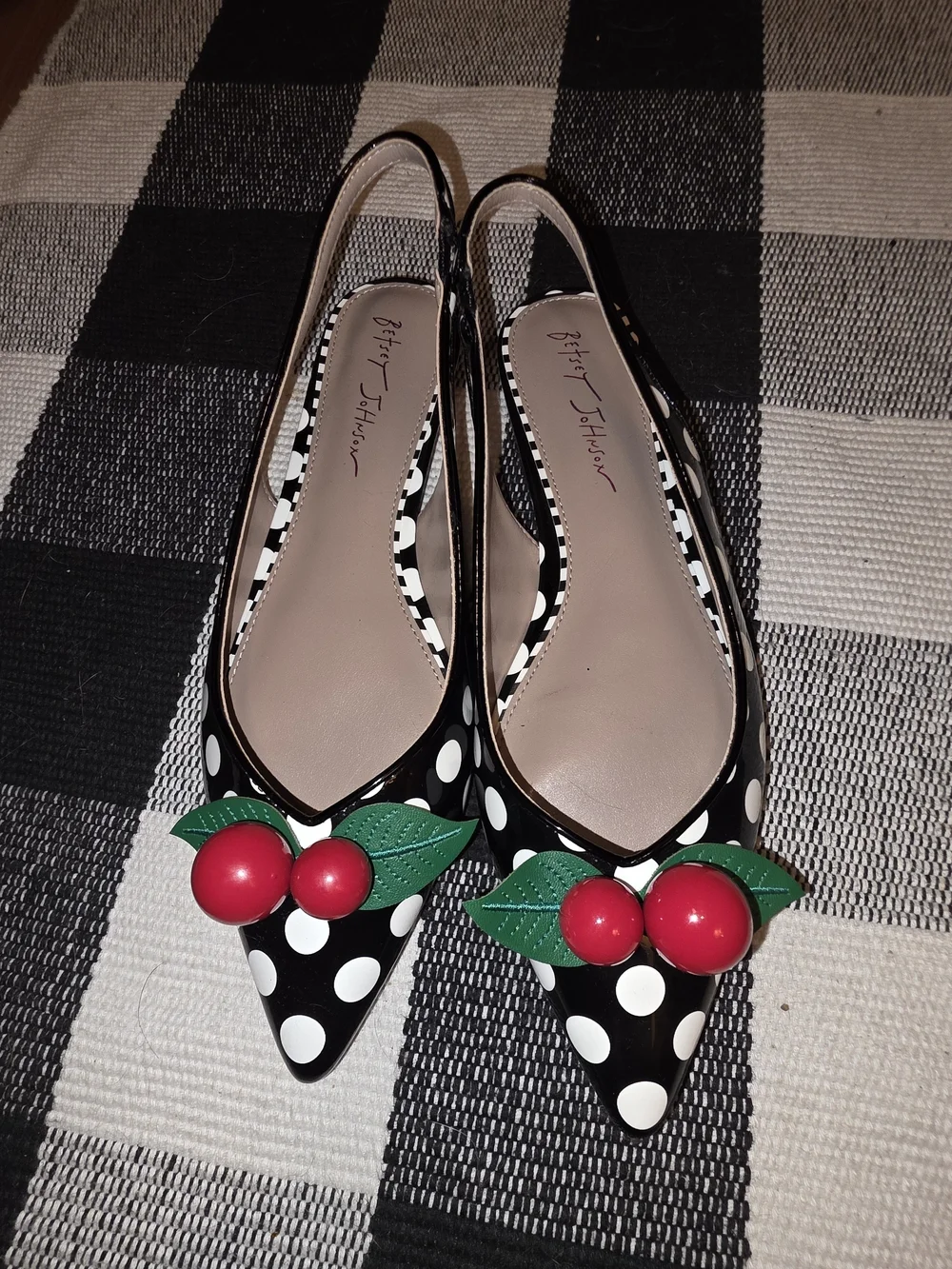 Betsey Johnson Black & White Polka Dot Slingback Flats with Cherry Detail